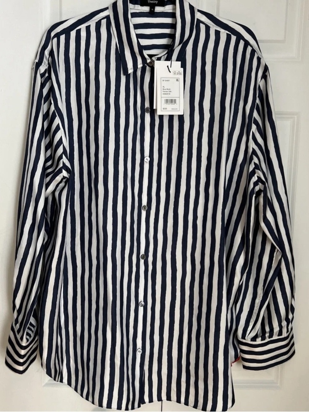 Theory Navy and White Vertical Stripe Button-Down Blouse